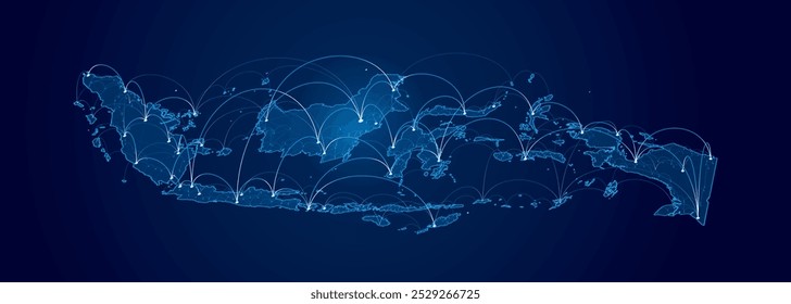 Conexión de red de Perspectiva Indonesia que brilla sobre un fondo azul. Concepto de mapa de conexión de línea de punto y curva. Diseño moderno del concepto de la conexión de la comunicación en el fondo azul