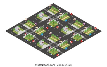 Perspective isometric view road from above to the city quarter of the highway intersection transport cars on street urban landscape