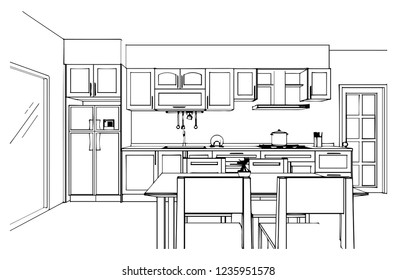 Interior Sketch Kitchen Room Outline Blueprint Stock Vector (Royalty ...