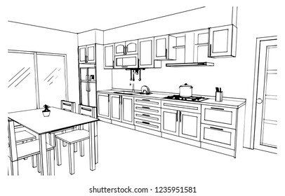 perspective kitchen sketch design black and white