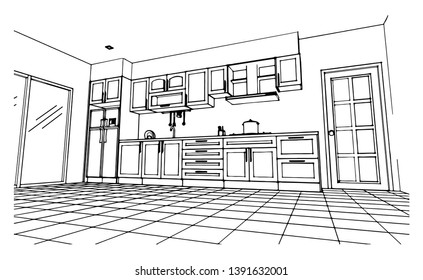 perspective kitchen sketch design black and white