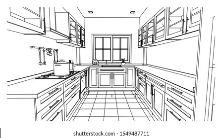 perspective kitchen sketch design black and white