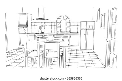 perspective kitchen sketch design black and white