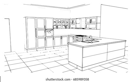 perspective kitchen sketch design black and white