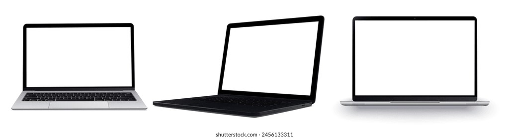 Perspektive-Laptop mock-up verschiedenen Blickwinkeln. Laptop mit leerem Bildschirm silberfarben isoliert auf weißem Hintergrund. Vektorillustration