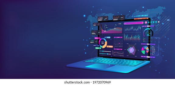 Perspective laptop position with business analysis app dashboard. Analysis of readings and data, online statistics, business forecast and progress tracking. Business dashboard on laptop. Vector