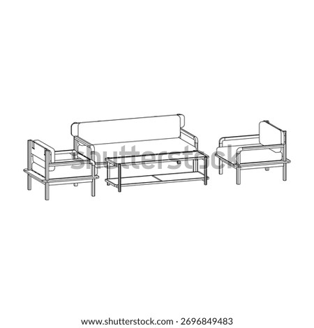 Perspective line art of a modern sofa set with one 3-seater, two single sofas, and a rectangular coffee table. Great for catalogs, renders, and interior presentations.