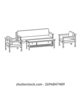 Linha de perspectiva arte de um conjunto de sofá com dois sofás de 1 lugar e uma mesa de café redonda. Perfeito para catálogos, design de móveis modernos e apresentações de produtos.