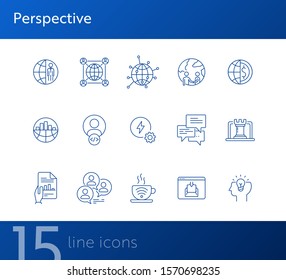 Perspective line icon set. Circles, globe, networking, connection. Business concept. Can be used for topics like global communication, marketing, international partnership