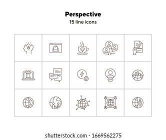 Conjunto de iconos de línea de perspectiva. Círculos, globo, red, conexión. Concepto de negocio. Se puede usar para temas como comunicación global, marketing, asociación internacional