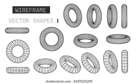 Perspective Mesh Torus Grid. Retro futuristic wireframe torus design element. Low poly geometric elements y2k stile