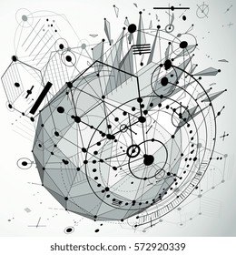 Perspective monochrome vector wallpaper created in low poly modern style and using Bauhaus abstract elements, 3d engine design made with grid, hexagons and connected lines. 