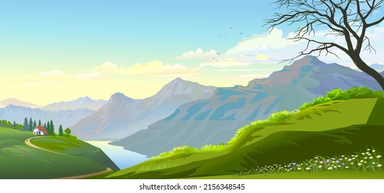 A perspective of the mountains, sky, and a river.  A small house on top of a cliff.