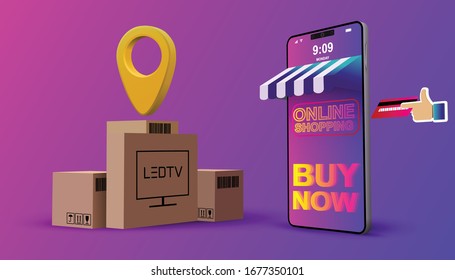 Perspective Online Shopping, Mobile Application, Vector background.