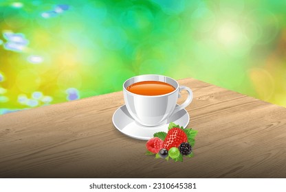 The perspective of outdoor wooden table corner in summer or spring with blurred background. Wooden table surface, brown corner table with a cup of tea and fruits on the table, realistic 3d vector