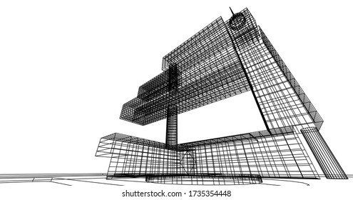 Perspective outline architecture building 3d illustration, modern urban architecture abstract background design.