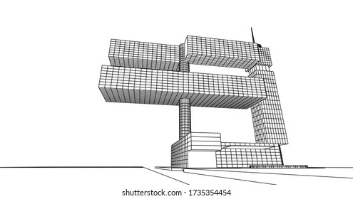Perspective outline architecture building 3d illustration, modern urban architecture abstract background design.