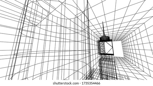 Perspective outline architecture building 3d illustration, modern urban architecture abstract background design.