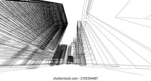 Perspective outline architecture building 3d illustration, modern urban architecture abstract background design.