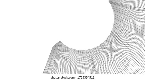 Perspective outline architecture building 3d illustration, modern urban architecture abstract background design.