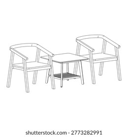 Perspective outline drawing of an armchair with square coffee table rendered in dynamic angle to highlight depth and spatial composition.