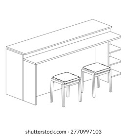 Perspective outline drawing of a bar table with two stools rendered in dynamic angle to highlight depth and spatial composition.