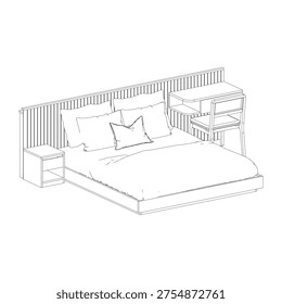 Perspective outline drawing of a bedroom set with queen size bed, desk, chair, and bedside table rendered in dynamic angle to highlight depth and spatial composition.