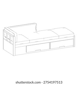 Perspective outline drawing of a daybed rendered in dynamic angle to highlight depth and spatial composition.