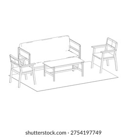 Perspective outline drawing of a daybed rendered in dynamic angle to highlight depth and spatial composition.