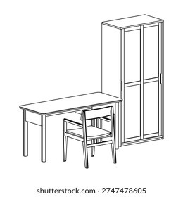 Perspective outline drawing of a desk set with arm chair, desk, and wardrobe, rendered in dynamic angle to show depth, volume, and spatial composition.