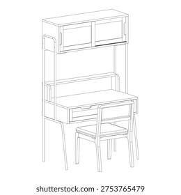 Perspective outline drawing of a desk set with table and chair rendered in dynamic angle to highlight depth and spatial composition.