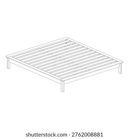 Perspective outline drawing of a queen size bed rendered in dynamic angle to highlight depth, volume, and spatial composition.
