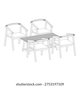 Perspective outline drawing of a seating set with coffee table and four armchairs rendered in dynamic angle to highlight depth and spatial composition.