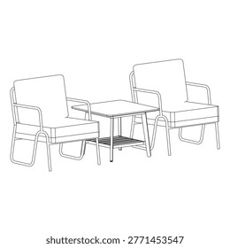 Perspective outline drawing of a single seater sofa with square coffee table rendered in dynamic angle to highlight depth and spatial composition.