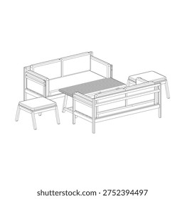 Perspective outline drawing of a sofa set with two double seater sofas, coffee table, and two stools rendered in dynamic angle to highlight depth and spatial composition.