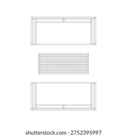 Perspective outline drawing of a sofa set with two double seater sofas and a coffee table rendered in dynamic angle to highlight depth and spatial composition.