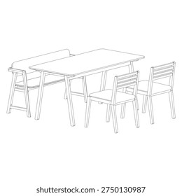 Perspective outline illustration of a Japandi dining furniture set featuring a wooden dining table with two chairs and a bench. The chairs include cushioned seats and four wooden slat backrests, illustrated in a clean minimalist line style for interior design presentations.