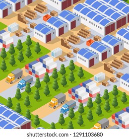 Perspective panorama of the landscape of industrial objects plant, factories, parking lots and warehouses. Isometric top view the city with streets, buildings and trees. Town construction industry