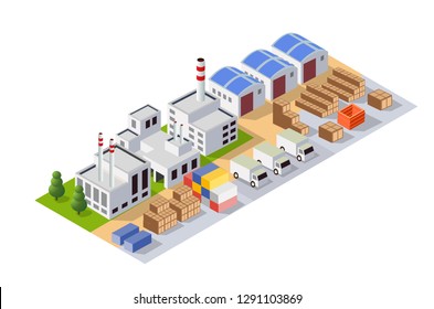 Perspective panorama of the landscape of industrial objects plant, factories, parking lots and warehouses. Isometric top view the city with streets, buildings and trees. Town construction industry