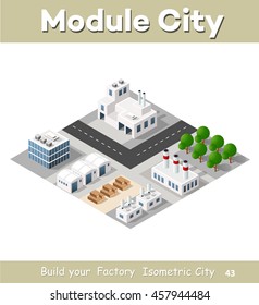Perspective panorama of the landscape of industrial objects plant, factories, parking lots and warehouses. Isometric top view the city with streets, buildings and trees. Town construction industry