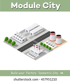 Perspective panorama of the landscape of industrial objects plant, factories, parking lots and warehouses. Isometric top view the city with streets, buildings and trees. Town construction industry