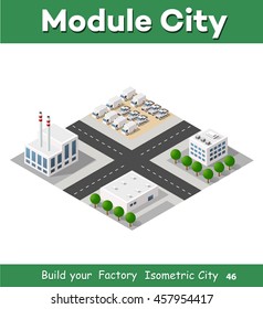 Perspective panorama of the landscape of industrial objects plant, factories, parking lots and warehouses. Isometric top view the city with streets, buildings and trees. Town construction industry