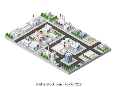 Perspective panorama of the landscape of industrial objects plant, factories, parking lots and warehouses. Isometric top view the city with streets, buildings and trees. Town construction industry