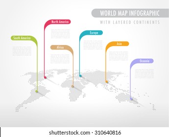 Perspective Pixelated World Map with Labels pointing each Continent