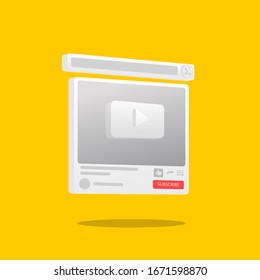 perspective plain online Video player youtube. PC social media interface. Play video online mock up. Tube window with navigation icon. Vector illustration.