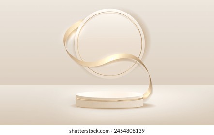 Perspective podium for display, white cream background. with gold ribbon. Empty room studio texture. Illustrator vector design.