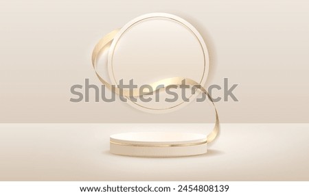 Perspective podium for display, white cream background. with gold ribbon. Empty room studio texture. Illustrator vector design.