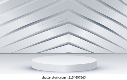 Perspective podium display white and grey geometric wall background. Empty room studio texture. Blank light effect vector design.