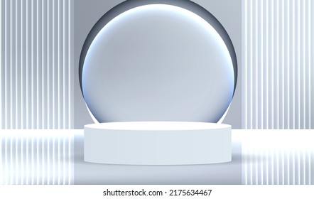 Das Podium ist perspektivisch auf weißem und grauem Hintergrund. Leeres Zimmer helle futuristische Studio-Glas runde Struktur. Blank-Licht-Effekt, Vektordesign.