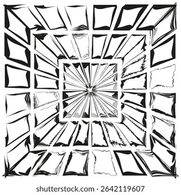 Perspective radial lines. Abstract vector burst. Symmetrical black shape. Dynamic energy form.